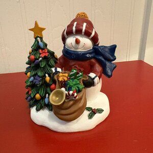 Shopko Ceramic Snowmen Figurine with a Christmas tree and sack of toys, 5" tall